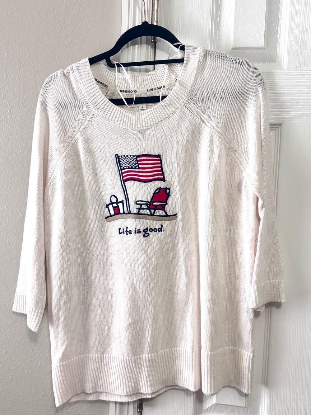 ❗️Life Is Good Cotton Blend Cream Crewneck Sweater with Flag Graphic